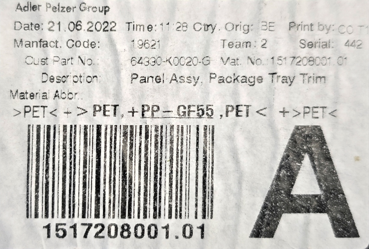 TOYOTA YARIS MK4 2020-2024 GENUINE PARCEL SHELF LUGGAGE LOAD COVER 64330-K0020-G