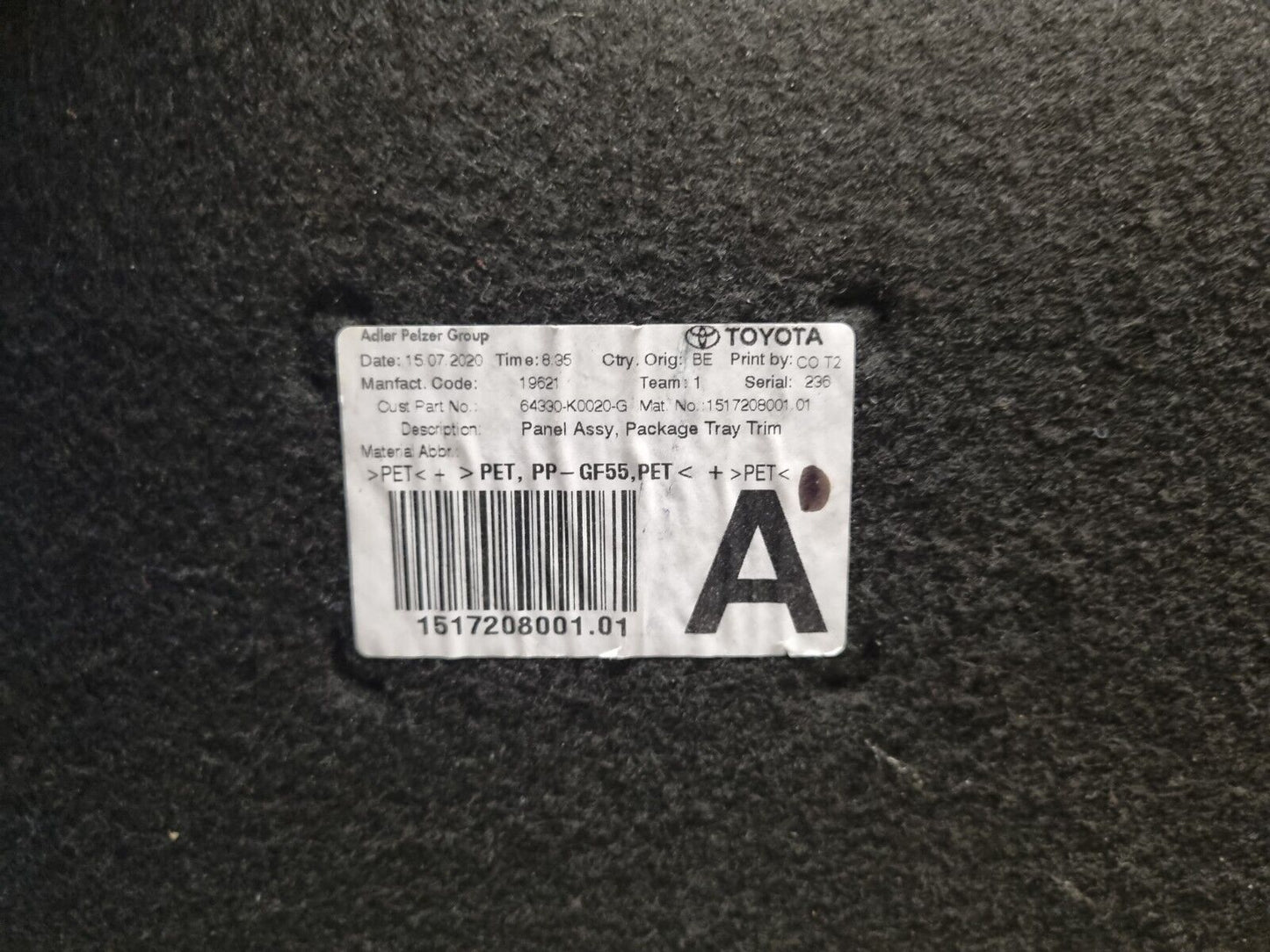 TOYOTA YARIS MK4 2020-2023 GENUINE PARCEL SHELF LUGGAGE LOAD COVER 64330-K0020-G