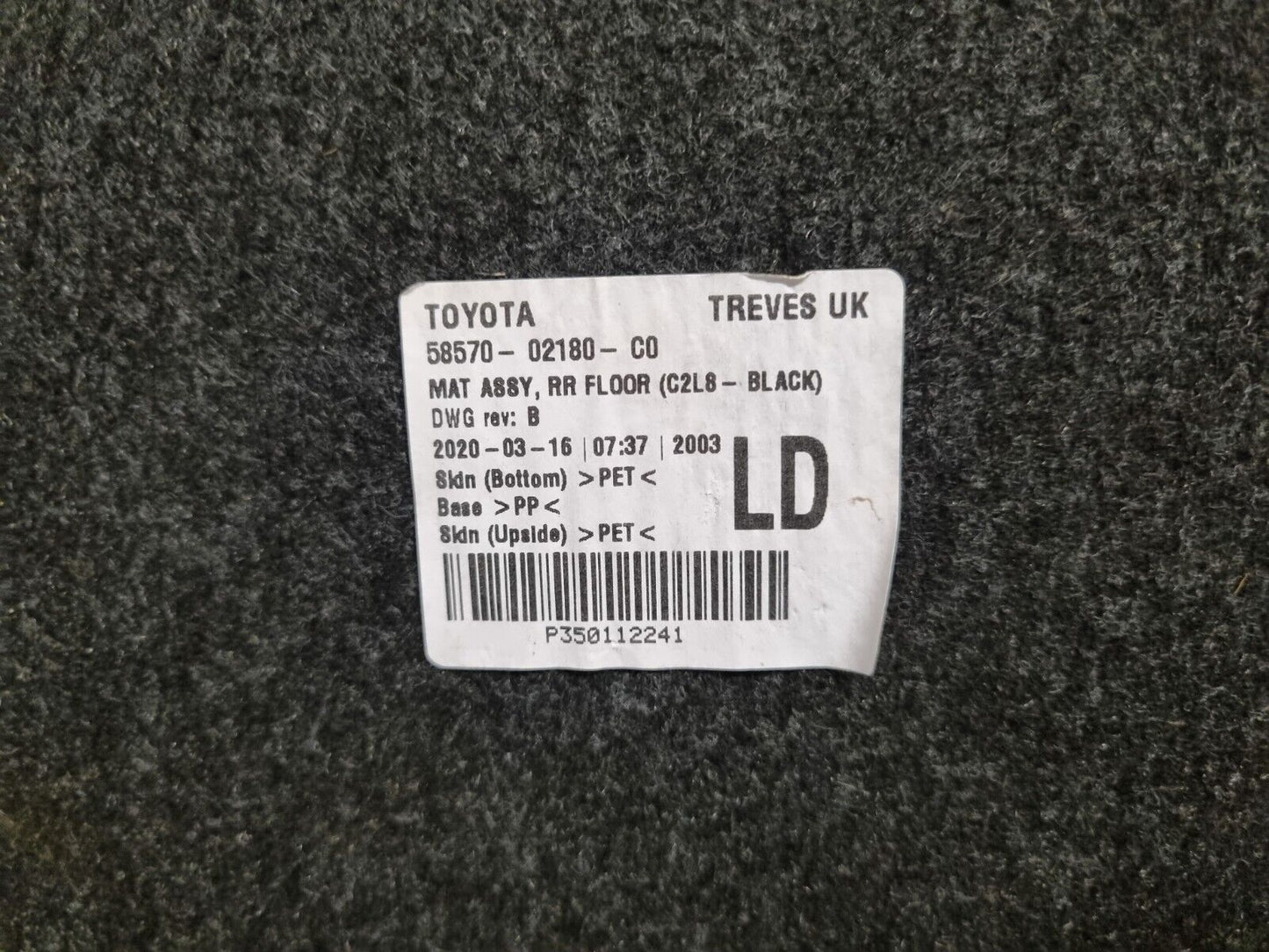 TOYOTA COROLLA MK12 HATCH 2019-2023 GENUINE BOOT CARPET COVER LINER 58570-02180